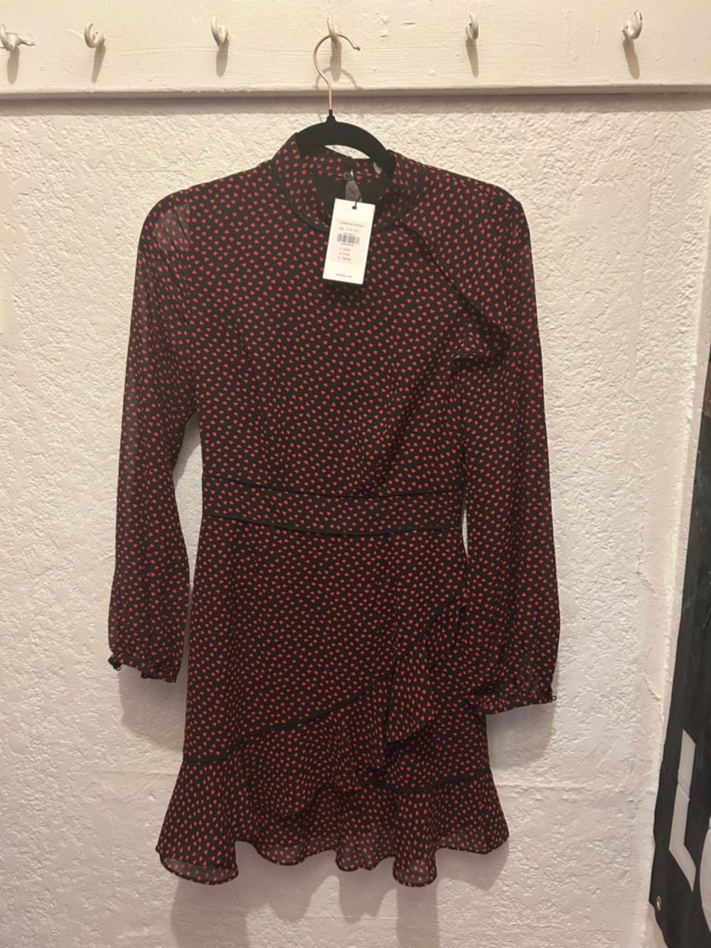 Whistles Black Dress with Red Print Long Sleeve Ruffle Hem